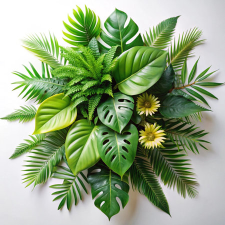 Flower arrangement in the form of a bouquet of tropical leaves and flowers.の写真素材