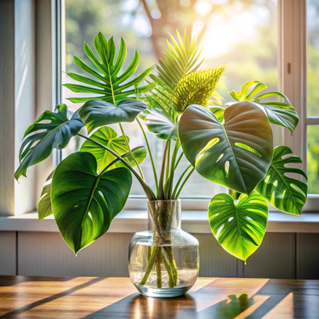 Tropical houseplant Monstera in a glass vase on the windowsillの写真素材