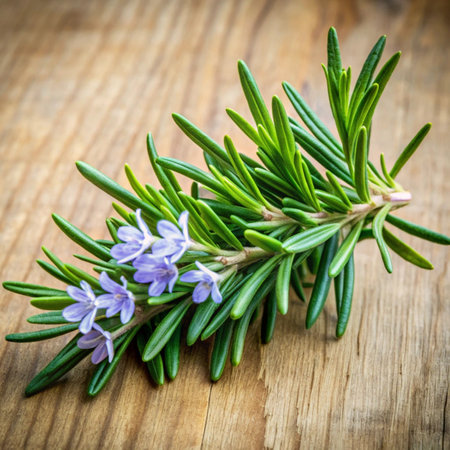Fresh rosemary twig on wooden background. Selective focus.の写真素材