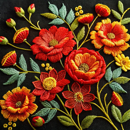 Embroidery on fabric. Red and yellow flowers on a black background.の写真素材