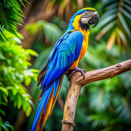 Blue and yellow macaw bird on the perch in the forestの写真素材