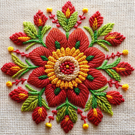 Handmade embroidery colorful ornament on linen background. Close up