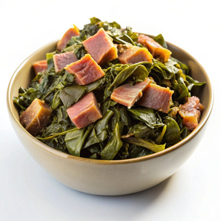 Stir fried spinach with smoked tuna in a bowl on white background