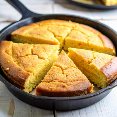 Homemade sweet cornbread in a cast-iron frying pan.の写真素材