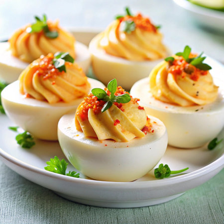 Stuffed deviled eggs with paprika, mustard and parsley