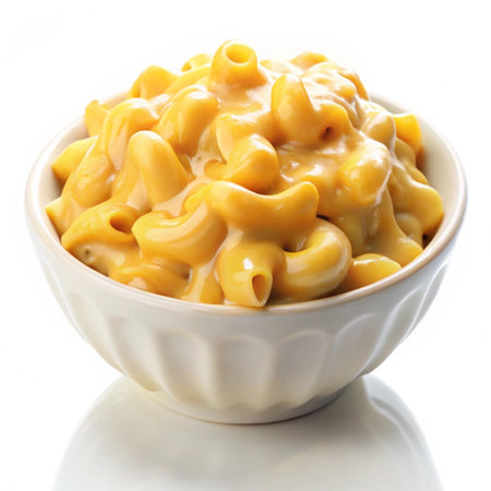 Bowl of macaroni and cheese isolated on white background.の写真素材