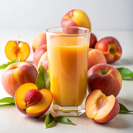 Glass of peach juice with fresh peaches on white wooden table, selective focus.の写真素材