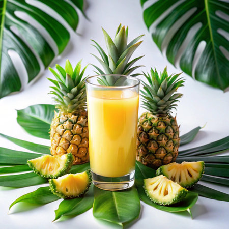 Fresh pineapple juice in a glass with tropical leaves on a white background.