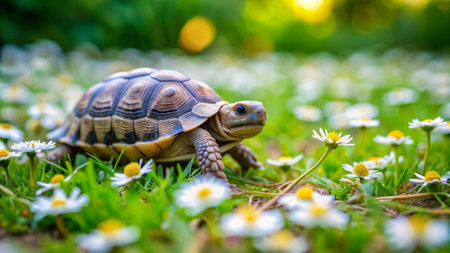 tortoise on the grass with daisies in the gardenの写真素材