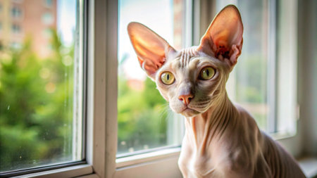 Sphynx cat sits on the windowsill and looks out the windowの写真素材