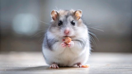 Hamster eating a piece of bread on a wooden table. Close-up.の写真素材