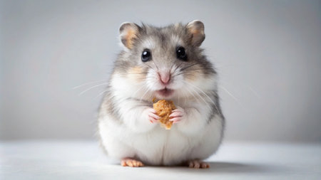 Hamster with a biscuit on a white background, close upの写真素材