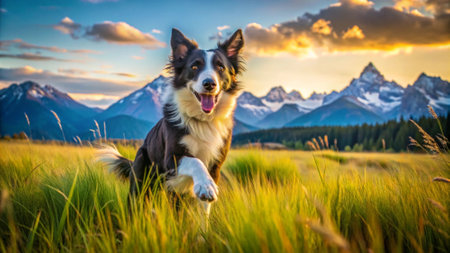 Border Collie on the meadow in front of mountains at sunsetの写真素材