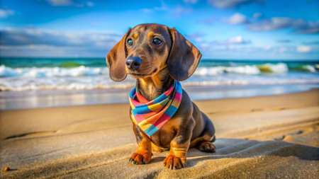 Dachshund puppy on the beach with a colorful scarf.の写真素材