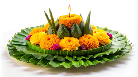 Flower decoration on banana leaf for Diwali festival celebration.の写真素材