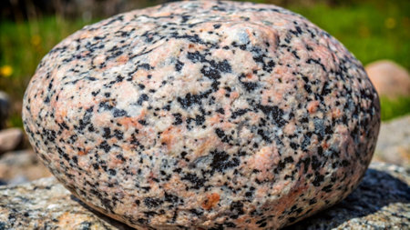 Close-up of a granite boulder with black spots on it.