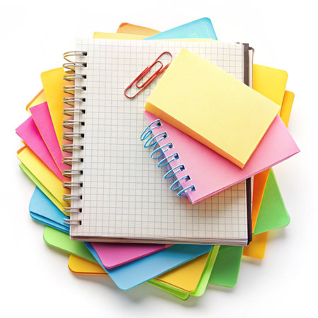 Notebook and sticky notes on white background, business and education concept