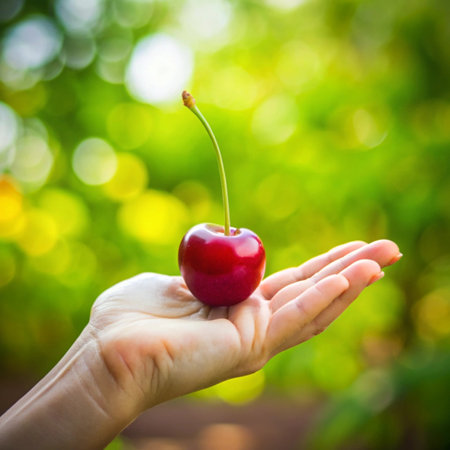 Cherries in the hands of a girl on a blurred background