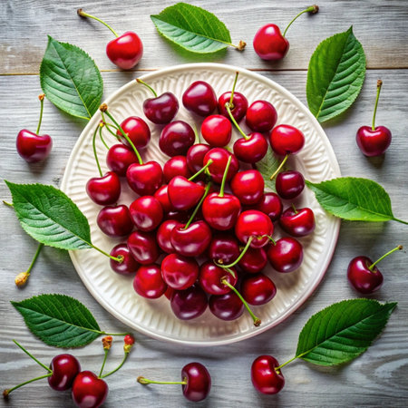 Cherries in a plate on a wooden background, top viewの写真素材