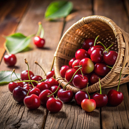 Cherries in a wicker basket on a wooden background.の写真素材