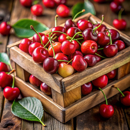 Cherries in a wooden box on a rustic wooden tableの写真素材