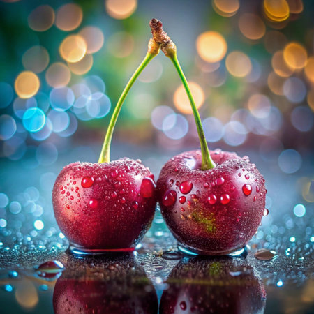 Cherries with water drops on a dark background with bokehの写真素材