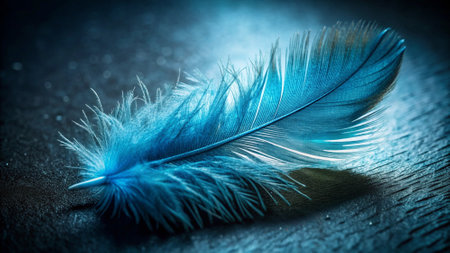 Beautiful blue feather on dark background. Close up. Toned.の写真素材