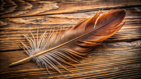feather on a wooden background, close-up, selective focus
