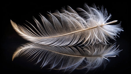 feather of a bird on a black background close-up macroの写真素材