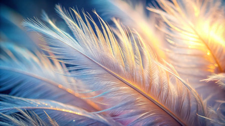 Feathers of a bird on a background of the setting sunの写真素材