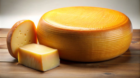 Cheese collection, piece of parmesan or gouda cheese with mold close upの写真素材