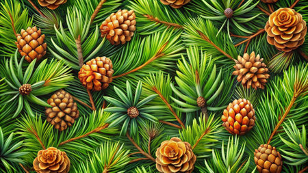 Christmas background with fir tree branches and pine cones. Top view.