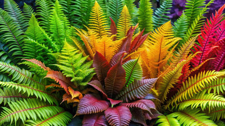 colorful ferns in the garden, closeup of photoの写真素材