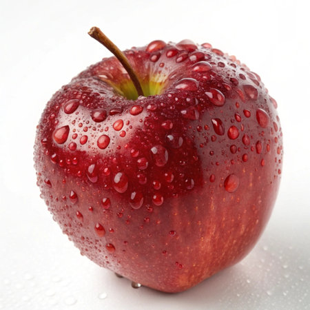 Red apple with water drops on white background. Shallow DOF.の写真素材