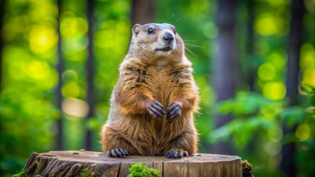 European marmot (Marmota marmota) on a stump in the forest