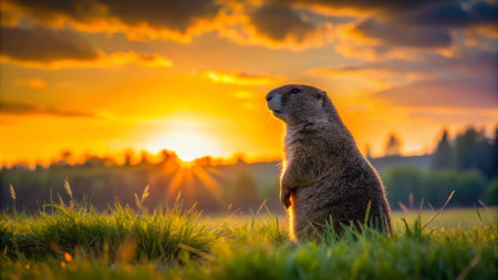 Prairie dog on a meadow at sunset in summer.