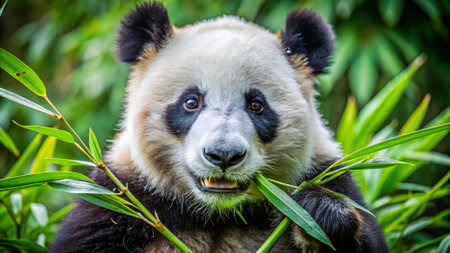 Portrait of a giant panda eating bamboo leaves in the forestの写真素材