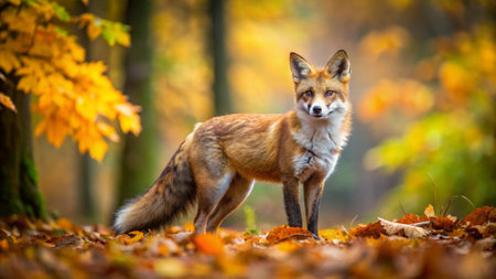 Red fox in the autumn forest. Wildlife scene from european nature.
