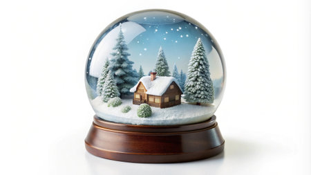 Snow globe with winter landscape inside, isolated on a white background.の写真素材