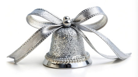 Silver christmas bell with silver ribbon and bow on a white background