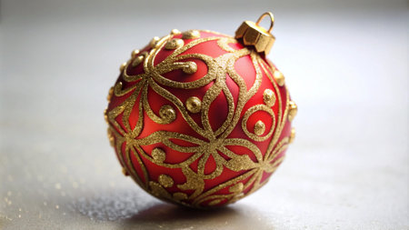 Red christmas ball with golden pattern on glitter background. Christmas decoration.の写真素材