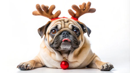 Pug dog wearing christmas reindeer antlers on white backgroundの写真素材