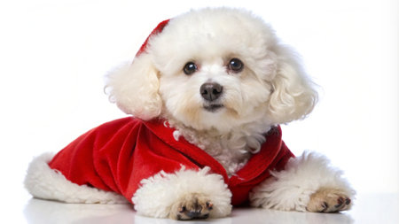 puppy poodle wearing santa claus clothes on white backgroundの写真素材