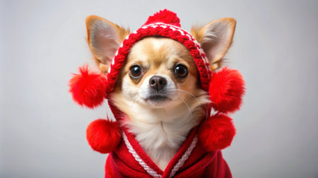 Chihuahua wearing a red hat and scarf on white backgroundの写真素材