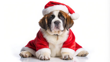 St. Bernard puppy wearing santa claus hat on white backgroundの写真素材