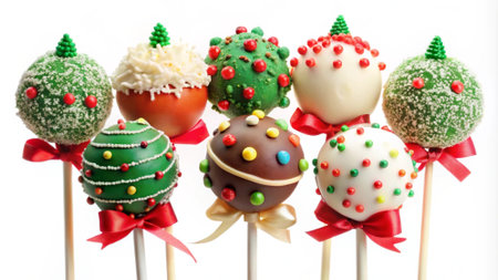 Colorful christmas cake pops on a stick isolated on white backgroundの写真素材