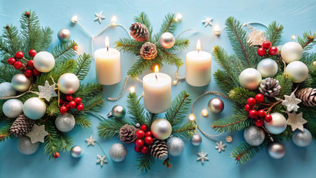 Christmas and New Year background with burning candles and fir branches. Top viewの写真素材