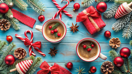 Two cups of coffee with christmas decoration on wooden background. Top view.の写真素材