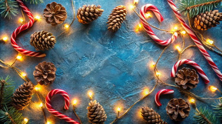 Christmas background with fir tree branches, candy canes, garland lights and copy space.の写真素材