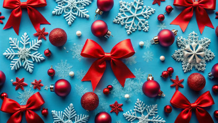Christmas background with red baubles and snowflakes on blue